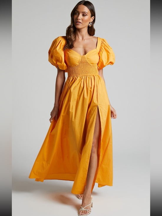 Showpo. Dresses & Skirts - Showpo Raiza Smocked Shirred Waist Puff Sleeve Maxi Dress Marigold